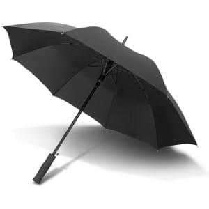 A black Cirrus Umbrella with a sleek design and a curved handle, featuring an integrated branding logo.