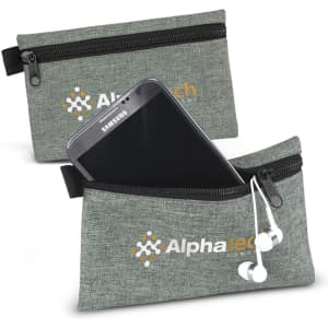 A grey tech pouch featuring a zippered compartment, holding a smartphone and earphones, with a logo on the front.
