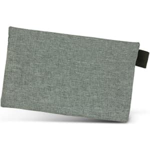 A grey tech pouch with a textured fabric finish and a fabric loop for attachment. Features one logo.