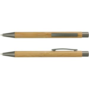A bamboo pen with a metal tip and clip, featuring a sleek, natural finish. It has a simple branding logo.