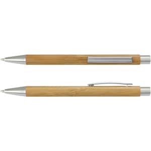 A bamboo pen with silver accents, featuring a sleek design and a clip for easy attachment.