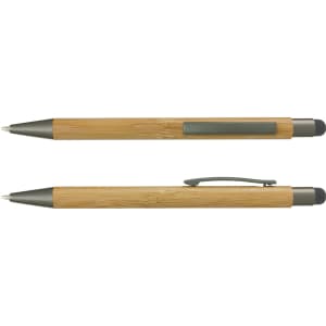 A bamboo stylus pen in natural wood with silver accents and a black rubber tip, featuring a clip and a branding element.
