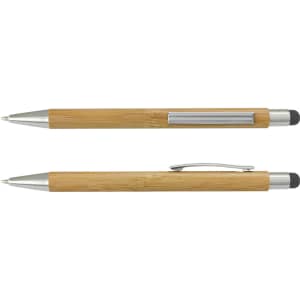 A bamboo stylus pen featuring a silver clip and tip, showcasing a natural wood finish and a sleek design.