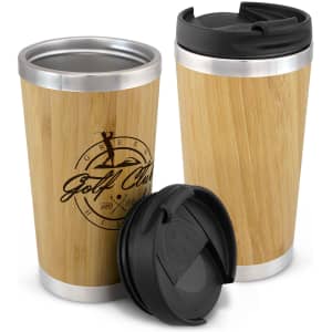 A bamboo double wall cup with a stainless steel rim and a black lid, featuring a logo.