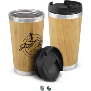 A drink bottle with a bamboo exterior and a stainless steel inner, featuring a black lid and a logo.