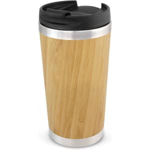 A drink bottle featuring a bamboo exterior, stainless steel base, and a black lid. It has a logo on the side.