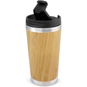 A bamboo double wall cup with a stainless steel base and a black lid. Features a sleek, natural bamboo design.