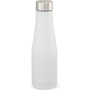 A drink bottle in white with a stainless steel lid and a sleek, modern design. It features a logo.