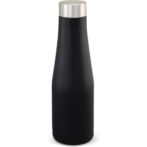 A drink bottle made of black stainless steel with a silver lid and a sleek, modern design.