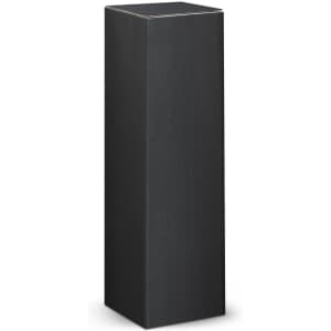 A tall, black rectangular box with a sleek design and a subtle shiny finish, featuring a logo on the side.