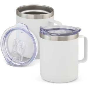 A drink bottle set featuring two white vacuum cups with stainless steel accents and one transparent lid.