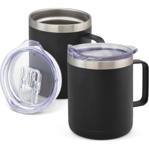 A drink bottle in black with a stainless steel rim, featuring a clear lid and handle. Two cups are shown together.