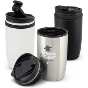 A collection of Vento Double Wall Cups in white, stainless steel, and black, featuring lids and a branding logo.