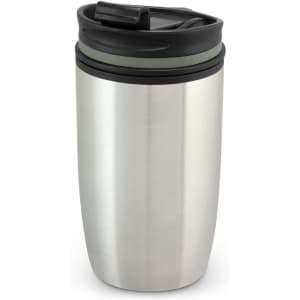 A stainless steel double wall cup with a black lid and green accent. It features a logo on the surface.