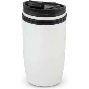 A double wall cup in white with a black lid, featuring a sleek design and a branding logo.