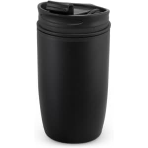 A double wall cup in sleek black, featuring a secure lid and a modern, streamlined design.