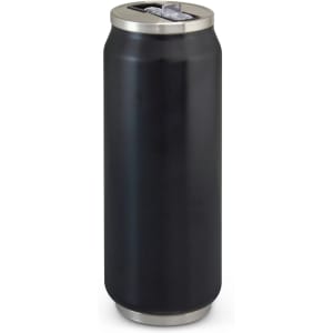 A drink bottle in matte black with a metallic silver lid and a drinking opening at the top. Features a logo.