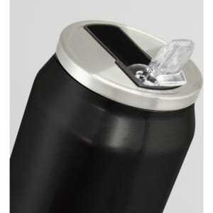 A drink bottle in matte black with a silver lid and a clear drinking spout, featuring a logo.