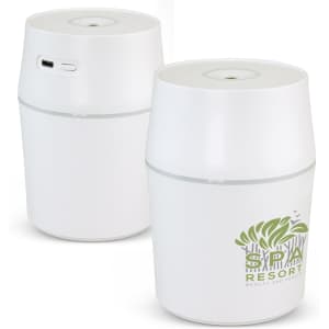 Aroma diffuser in white with a rounded design and a logo on one side. Features a USB port.