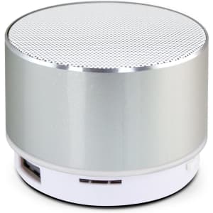 A silver Bluetooth speaker with a textured top and a white base, featuring a subtle logo.