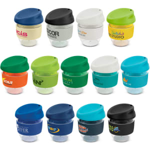 A drink bottle collection featuring the Nova Cup in various colours, made from Tritan with a secure lid and branding.