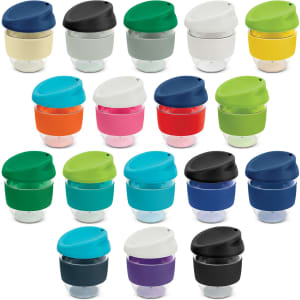 A drink bottle collection featuring the Nova Cup in various colours, including green, blue, pink, and yellow, with a logo.