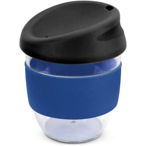 A drink bottle with a transparent body, blue silicone sleeve, and a black lid. It features a logo.