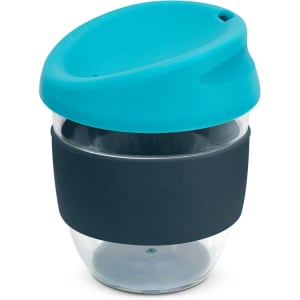 A drink bottle with a transparent body, teal lid, and black silicone sleeve. It features a brand logo.