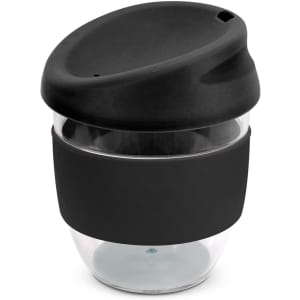 A drink bottle with a transparent base, black silicone sleeve, and a black lid. It features a logo on the sleeve.
