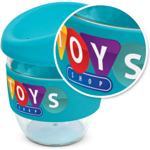 A drink bottle featuring a clear body and a teal lid, with a colourful branding wrap around the middle.