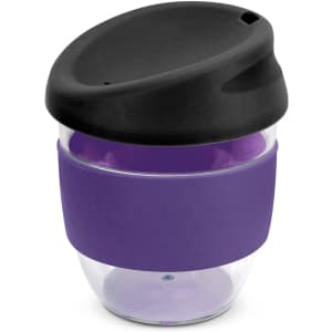 A drink bottle featuring a clear body, purple silicone sleeve, and a black lid, with a logo on the surface.