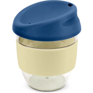 A drink bottle with a transparent body, beige silicone band, and a blue lid. It features a logo on the side.