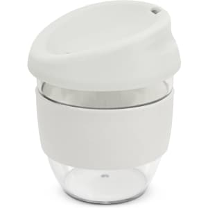 A drink bottle in a sleek design features a clear base and a soft white lid with a silicone grip band.
