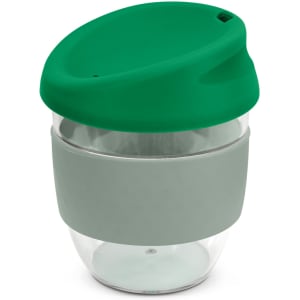 A drink bottle made of transparent Tritan with a green lid and grey silicone sleeve. Features a logo.