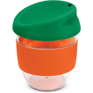 A drink bottle with a clear body, orange silicone band, and a green lid. It features a logo on the surface.