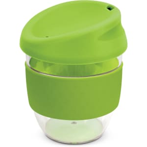 A drink bottle made of transparent Tritan with a green silicone lid and sleeve, featuring a logo.