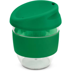 A drink bottle in green with a transparent cup and a silicone sleeve. It features a lid and a logo.