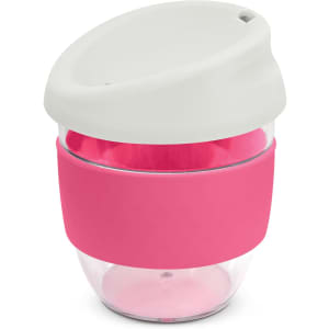A drink bottle made of Tritan, featuring a clear body with a pink silicone sleeve and a white lid. It has a logo.