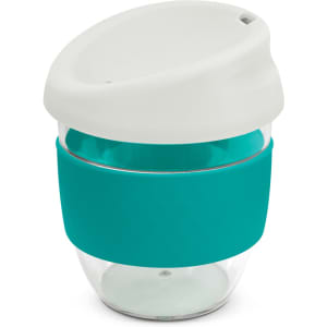 A drink bottle made of Tritan, featuring a teal band, clear body, and a white lid. It has a logo on it.
