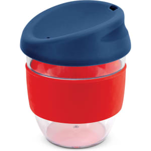 A drink bottle featuring a transparent body with red silicone grip and a blue lid. It includes a logo.