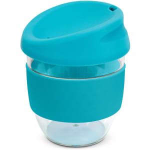 A drink bottle in teal with a silicone sleeve and lid, made from Tritan, 230ml capacity, featuring a logo.