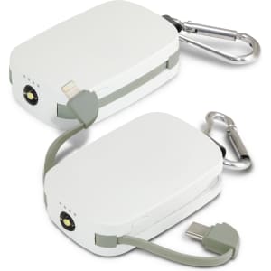 A white Lucent Power Bank with an attached carabiner and integrated charging cables in green.