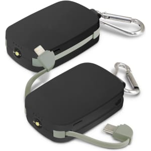 A black power bank featuring a green accent and a carabiner clip, with integrated charging cables.