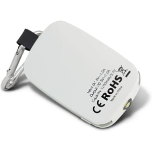 A white power bank with a carabiner clip and a small LED light. Features a logo on the back.