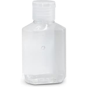A clear 60ml bottle of hand sanitiser gel with a screw-top lid, featuring a simple design and no visible branding.