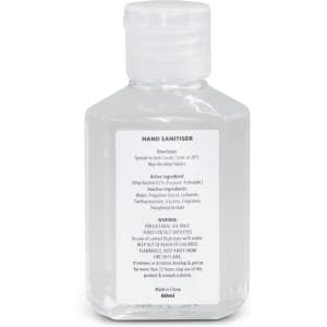 A clear 60ml bottle of hand sanitiser gel with a screw-top lid and a label containing instructions and ingredients.