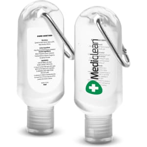 A clear, plastic bottle of hand sanitiser with a silver carabiner, holding 55ml, featuring a logo on one side.