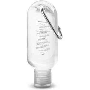 A clear carabiner hand sanitiser bottle, 55ml, featuring a silver clip and a flip-top cap.