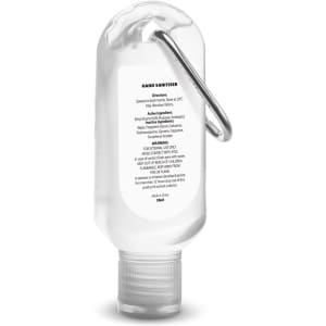 A clear 55ml hand sanitiser bottle with a carabiner attachment and a silver cap. It features a logo.