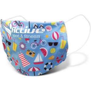 A reusable face mask in blue with vibrant patterns, featuring a logo. Suitable for health and personal use.